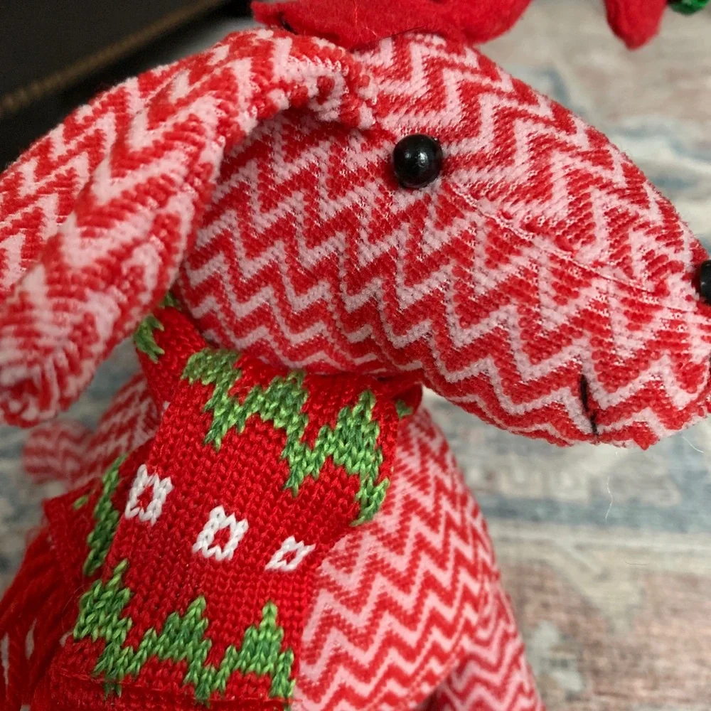 Holiday Knit Dog with Antlers And Scarf Sitting Christmas Doorstop Decor Chevron